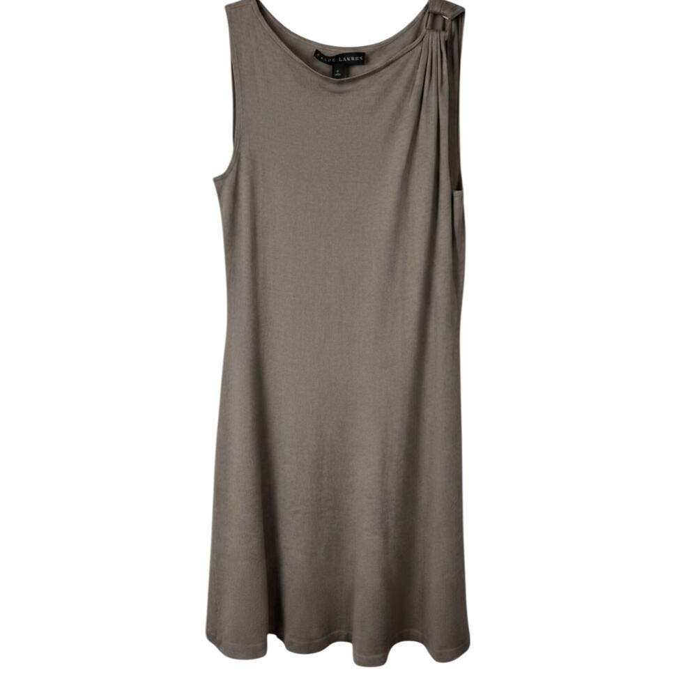 Ralph Lauren taupe knit sleeveless midi dress with draped shoulder detail size L